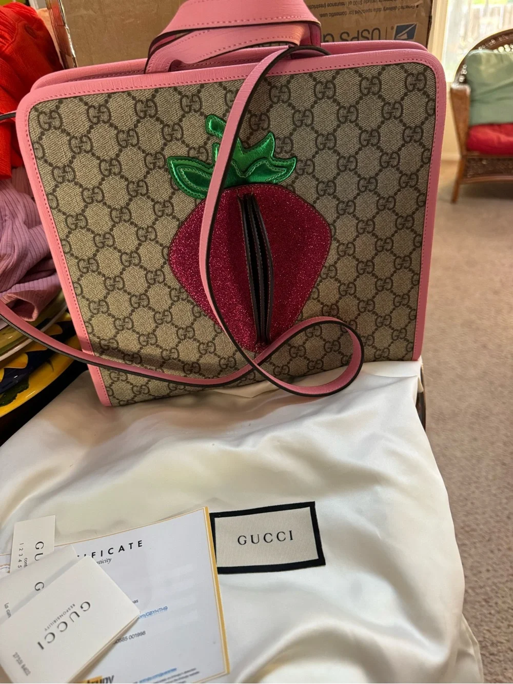 Gucci #630585 GG Supreme Junior 3D Strawberry Tote Bag, New